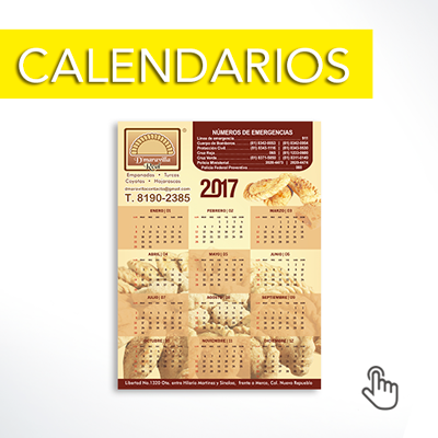 Tipos:<br><br>

-Poster  carta o doble carta 12 meses en una impresión y publicidad<br>
-De escritorio solo triángulo ( 6 meses una cara y 6 meses otra cara )<br>
-Tipo postal con iman  varias medidas<br>
-De bolsillo tipo tarjeta con frente publicidad reverso calendario.